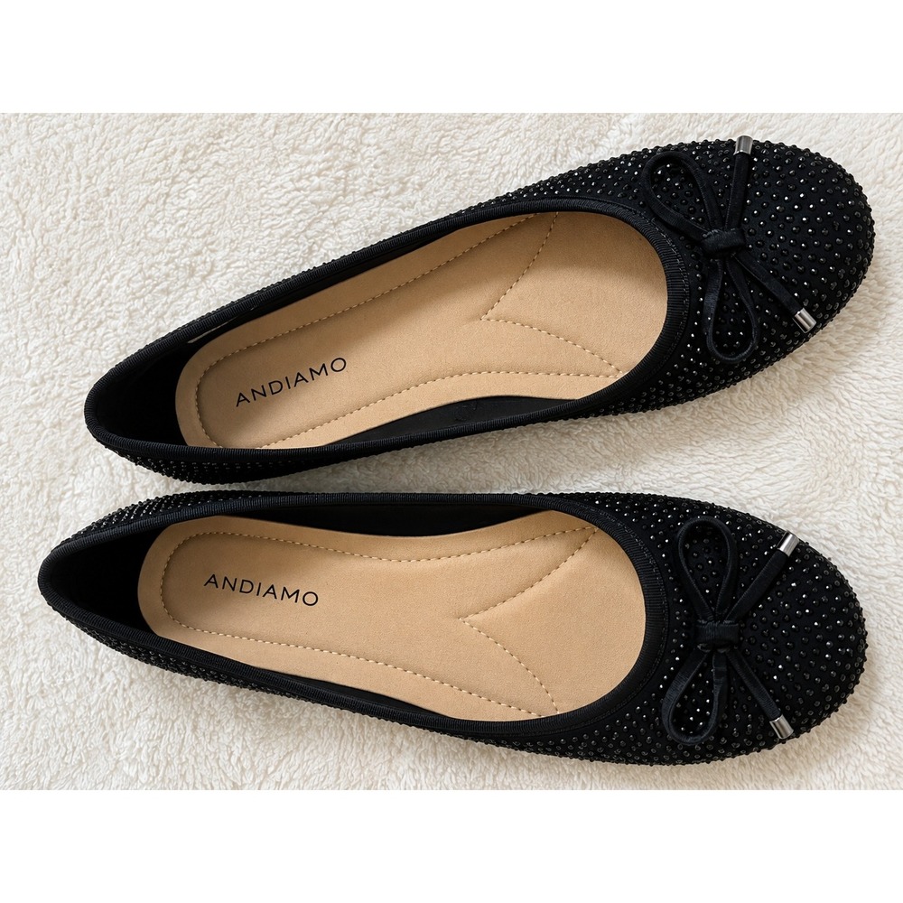 Andiamo Black Rhinestone Bow Ballet Flats Womens Size 7.5 M Sparkly Dress Shoes